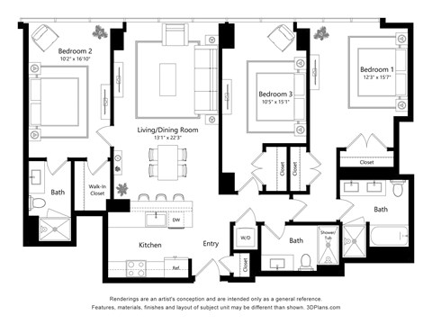 Floor plan for 3 beds, 3 baths, 1494 sqft